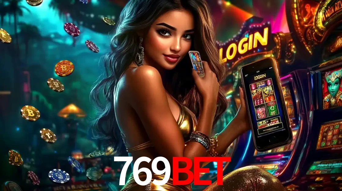 Mulher em um cenário de cassino temático de aventura, mostrando o app de caça-níqueis da 769BET no celular. Fichas de apostas flutuam ao redor.