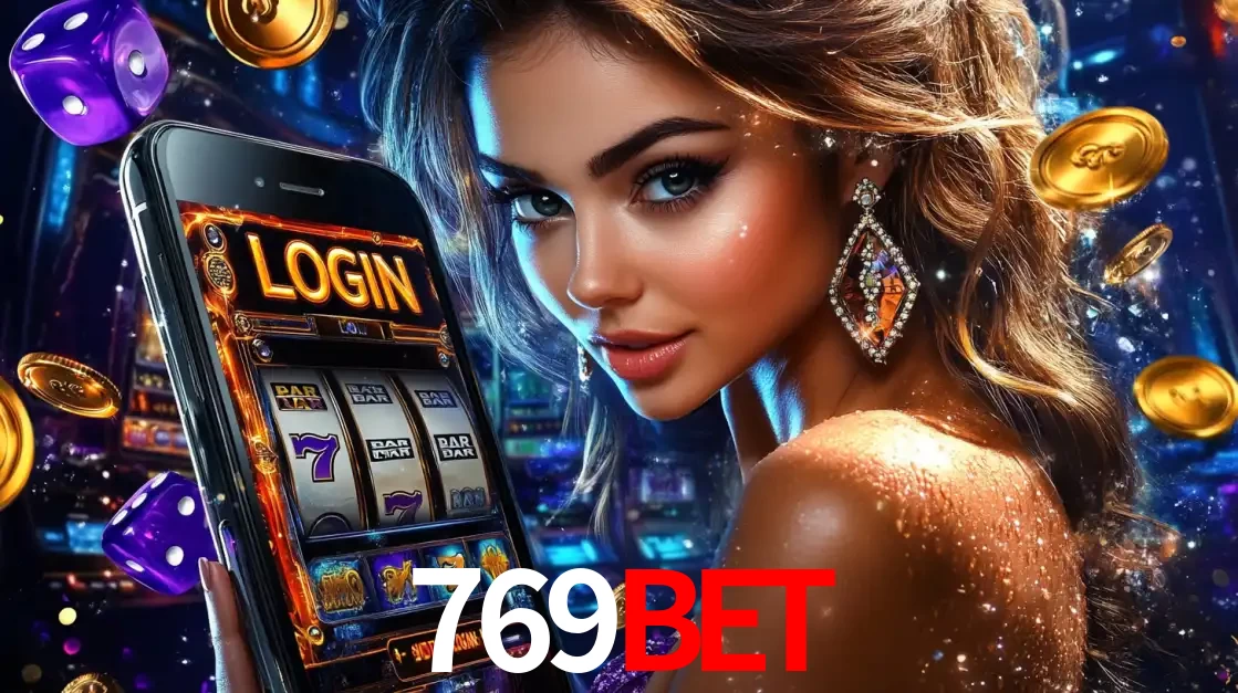 Mulher glamorosa segurando um smartphone com a tela de login para os jogos de caça-níqueis do cassino online 769BET, com moedas de ouro e dados ao redor.