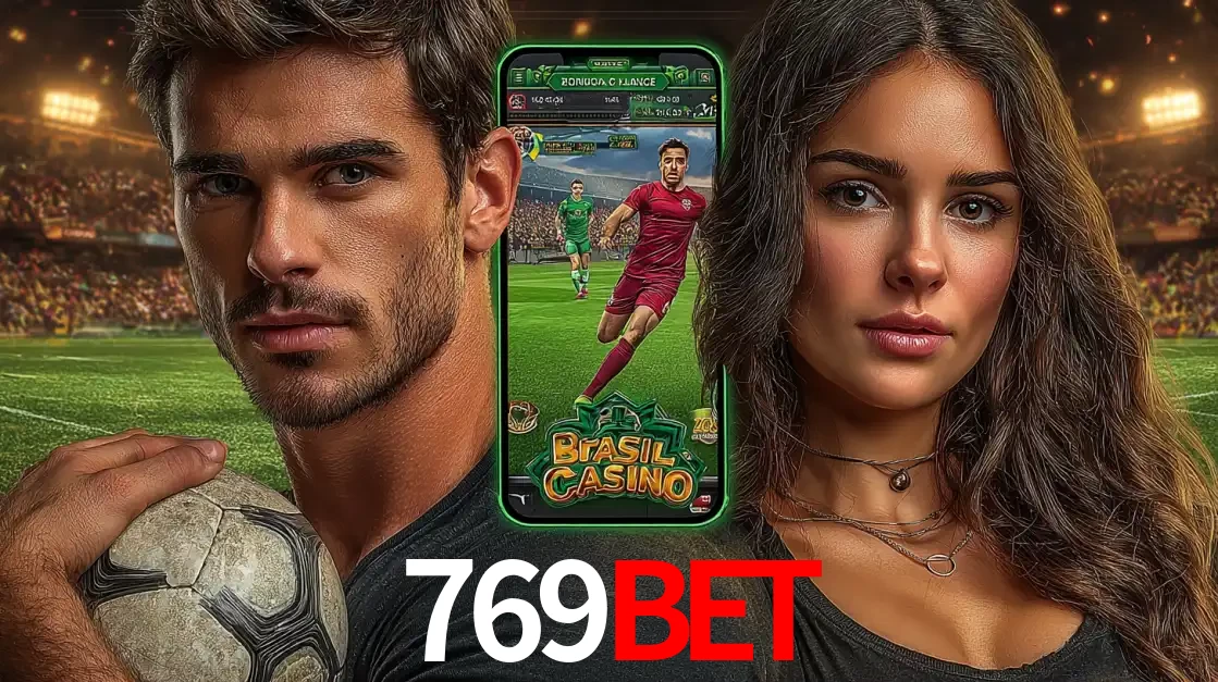 Homem segurando uma bola de futebol e uma mulher ao lado de um smartphone exibindo o jogo de apostas esportivas da 769BET. Faça seu palpite no cassino online.